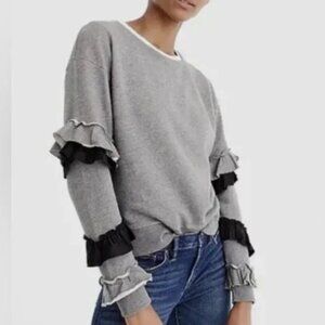 J. Crew Ruffle Sleeve Pullover Sweatshirt Gray w/ Black Ruffles Size XXS